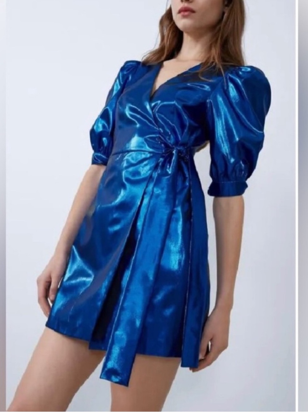 Metallic puff sleeve wrap dress